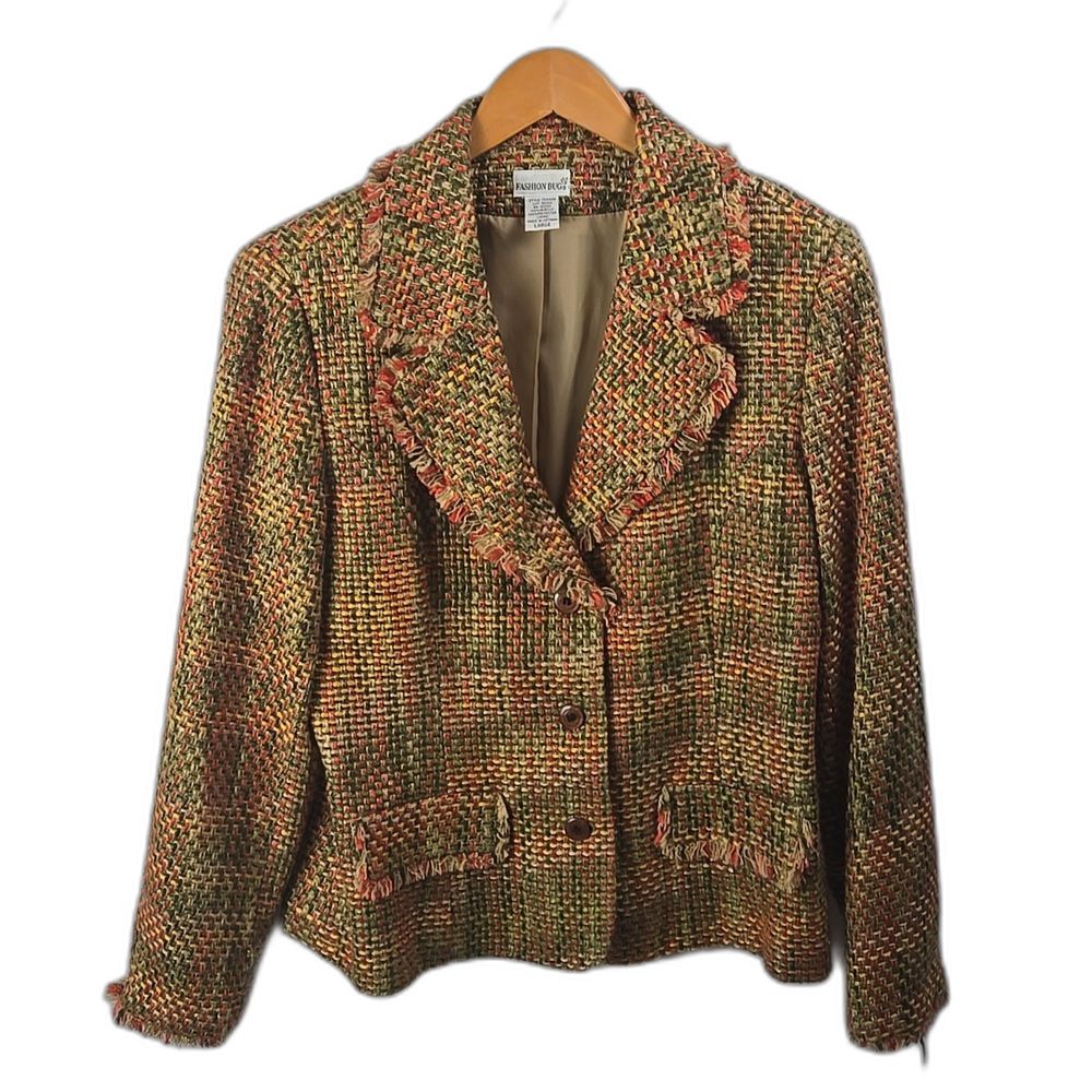 Y2k Women's Multicolor Tweed Fashion Bug Blazer Sz L, Business, Academia, Boho